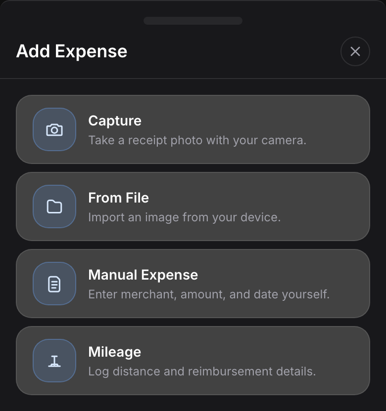 Dark mode mobile add expense drawer with capture and import actions