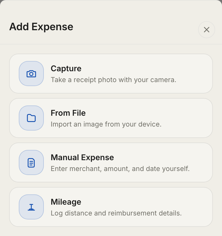 Mobile add expense drawer with capture and import actions