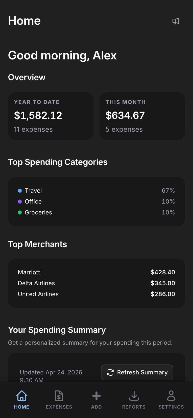 Mari Yangu dark mode mobile dashboard showing expense overview and spending insights