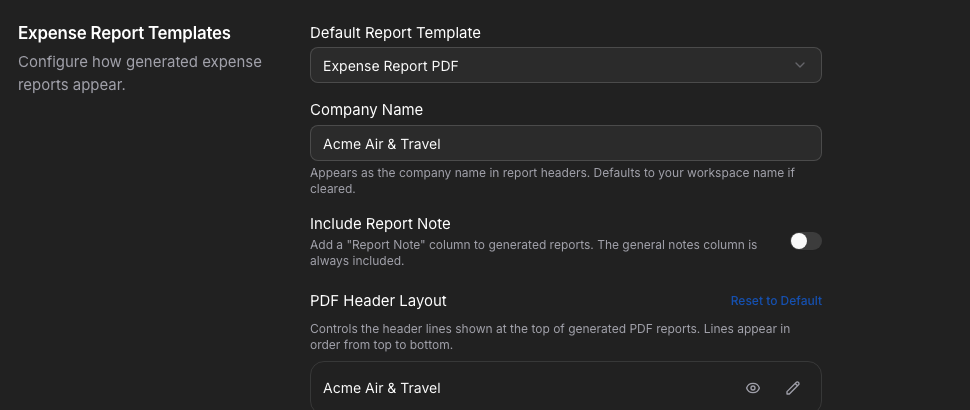Dark mode organization settings with report template and header layout customization